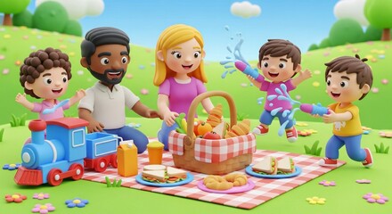 Fototapeta premium Cheerful Outdoor Gathering with Tasty Food and Playful Moments