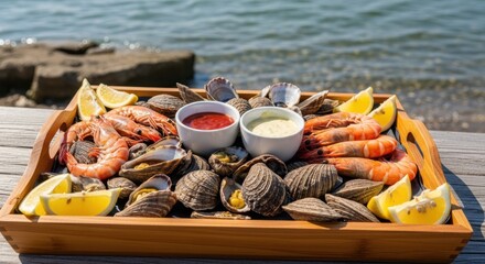 Delicious seafood platter with shrimp, clams, and dipping sauces by the sea
