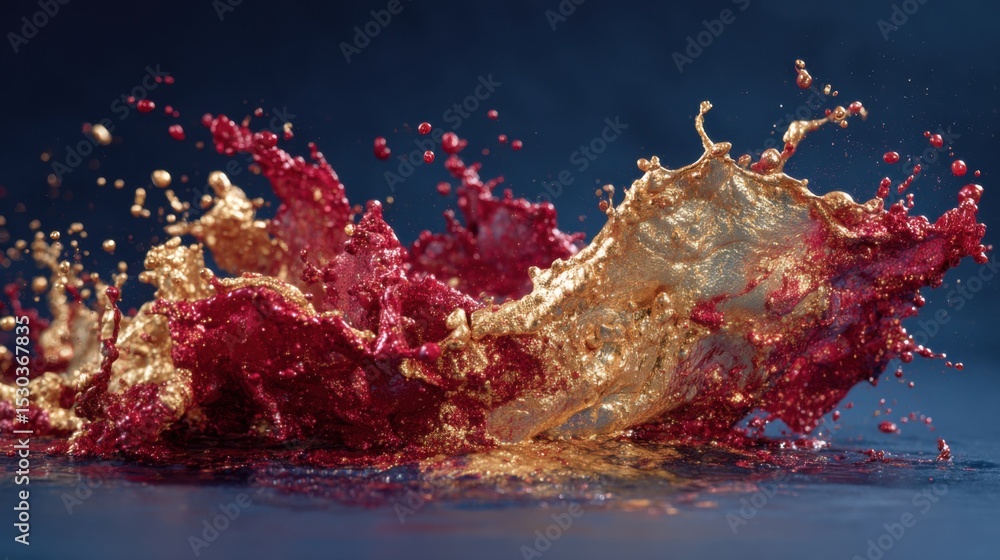 Poster vivid red and shimmering gold liquids collide and splash in an artistic display. the dynamic movemen