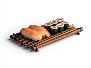 Fresh Sushi Platter with Salmon and Vegetable Rolls on Wooden Rack