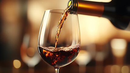 Pouring red wine into glass with elegant bubbles and bokeh effect on the background