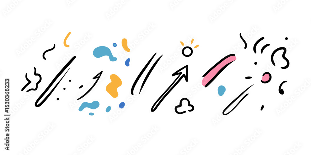 Poster hand drawn abstract expressive motion lines and arrows with colorful splash elements in minimalist f
