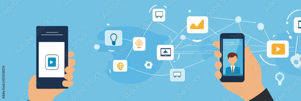 Poster business communication mobile networking concept with smartphone video call video sharing online dig