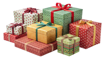 Stack of Assorted Christmas Gift Boxes with Ribbons, AI generated