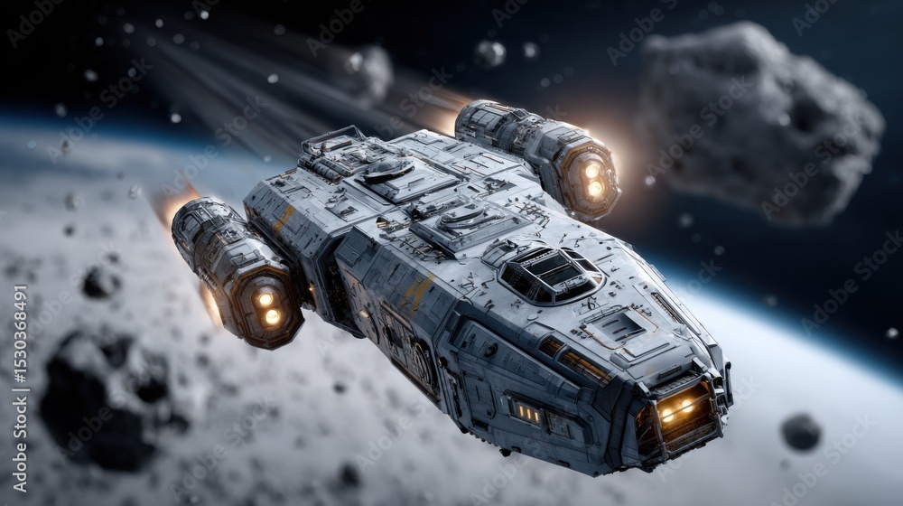Poster a detailed spaceship maneuvers skillfully through a dense asteroid field, with rocky debris floating