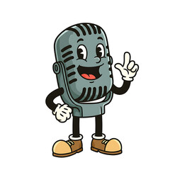 A Cheerful Retro Microphone Cartoon Character:  Singing, Broadcasting, and  Podcast Fun