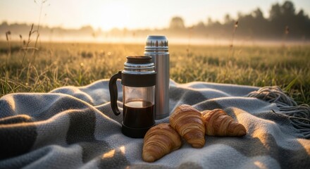 Morning picnic with coffee, croissants, and a warm blanket in a misty field