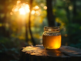 Glass Jar Filled with Honey Glowing in Warm Forest Light