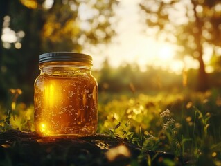 Glowing Honey Jar on a Sunlit Meadow with Warm Natural Light