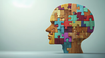 Wooden head shape brain made of colorful puzzle pieces. Illustration complex thinking process, logical mind. Parts of brain connected. Concept of connecting ideas, problem-solving abilities. 