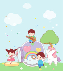 Children, unicorns, fields, nature, fun