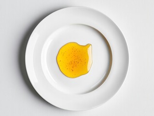 Yellow syrup on white plate, artistic food styling and simplicity