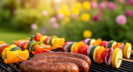 Summer barbecue: grilled sausages and colorful vegetable skewers