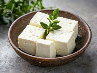 Fresh Soft Cheese Cubes with Herbs in Rustic Brown Bowl
