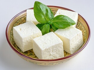 Fresh Soft Cheese Cubes with Basil Leaves in Decorative Bowl