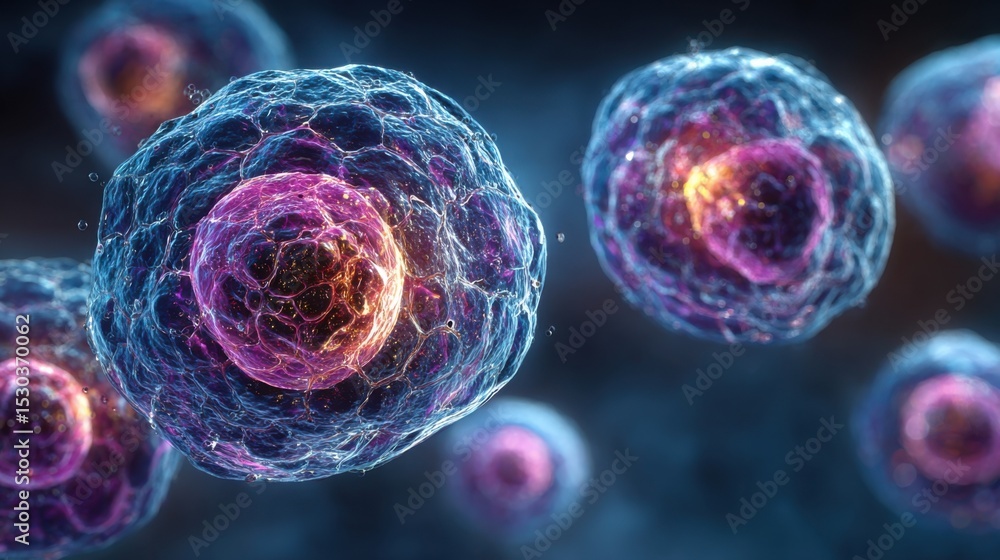 Poster intricate structures of various cells are displayed in a vibrant digital illustration. the colorful 