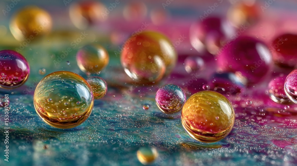 Poster droplets in various colors are scattered across a textured surface, reflecting light and creating a 