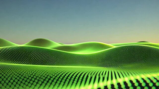 Abstract Green Digital Landscape: Serene, futuristic hills of glowing particles.
