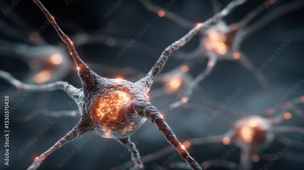 Poster a detailed depiction of glowing neurons interlinked by synapses in a dark, abstract setting highligh