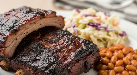 Bbq ribs with coleslaw and baked beans on a plate