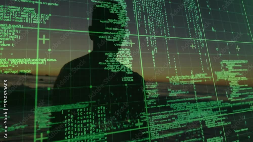 Poster dusk ocean view shifting to code grid, silhouette absorbing streaming data for tech transformation
