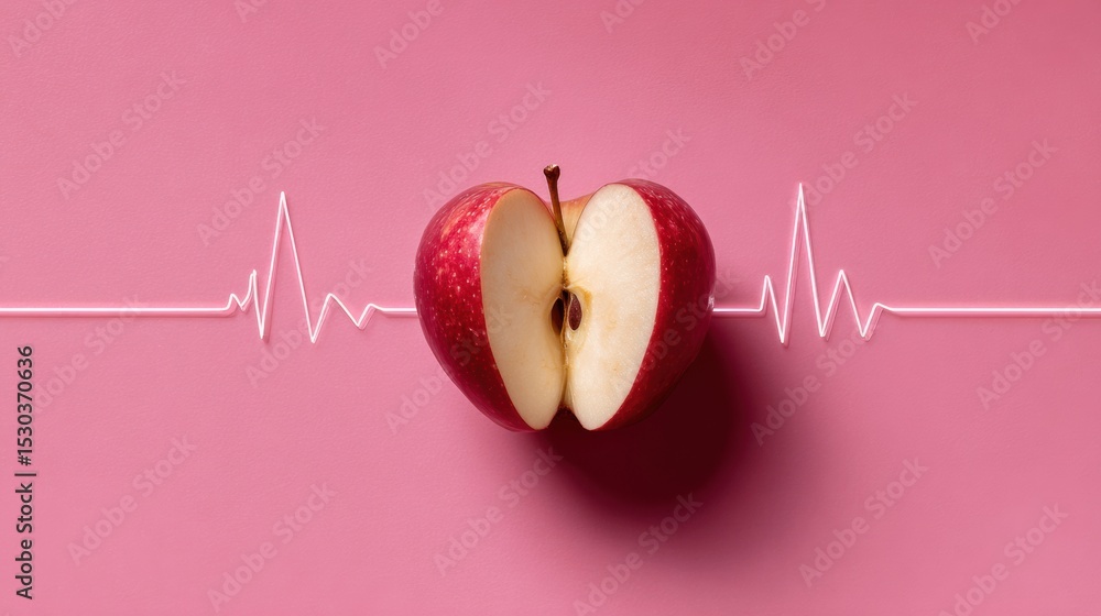 Poster Red Apple Sliced Into Heart Shape Surrounded by a Heartbeat Line on a Pink Background for Health and Love Themes