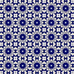 Seamless kaleidoscope floral pattern intricate arrangement of deep blue floral motifs with golden...