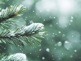 Snow Covered Pine Branches with Soft Focus and Snowflakes Falling
