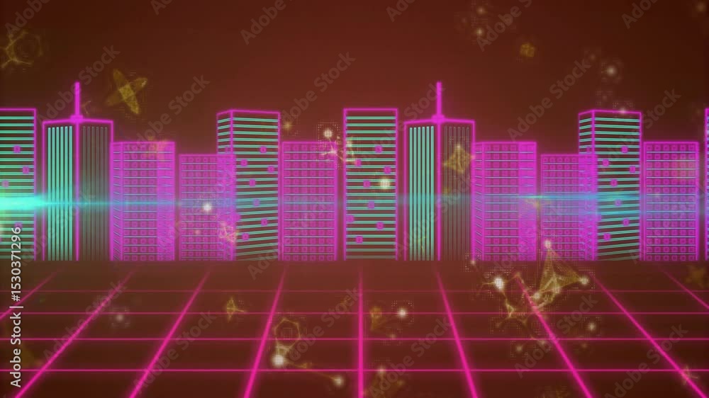 Poster gold sparkles initiating cyan beam sweeping skyline, coalescing into pulsing node then fading