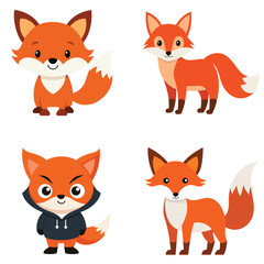 Cute fox couple cartoon vector illustration set. Foxes in various poses such as standing, sitting, and sleeping.
