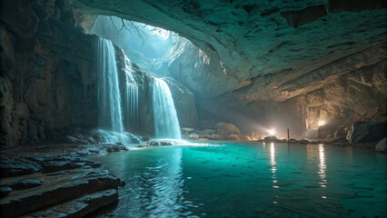 Naklejka premium A glowing cave filled with translucent minerals and an underground waterfall flowing into a silent pool