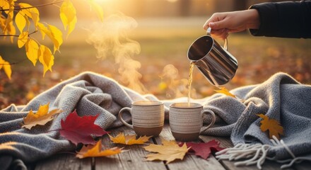 Cozy autumn outdoor tea setting with fall leaves and warm blankets in sunset light