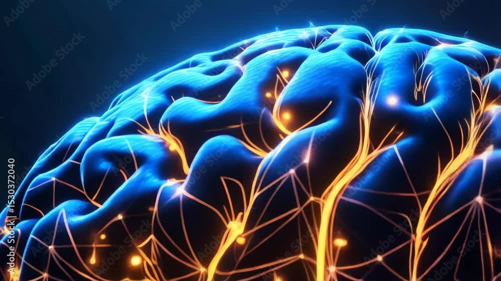 Poster glowing human brain depicted with golden neural network connections, abstract representation of thou