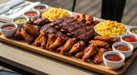 Delicious barbecue platter with ribs, wings, macaroni and dipping sauces on wooden table