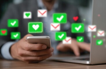 Businessman using a mobile phone and laptop to stream real-time positive construction icons of direct mail with glowing green hearts, red check marks, or white envelopes floating.