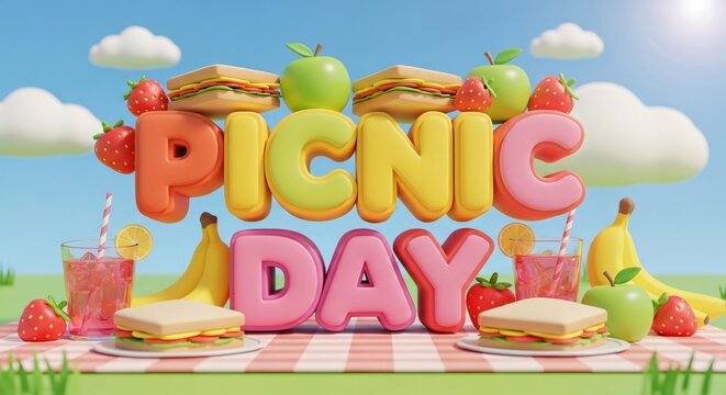 Bright and Playful International Picnic Day Celebration with Colorful Fruits
