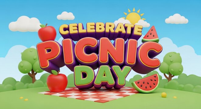 Bright and Playful International Picnic Day Celebration with Colorful Fruits - Powered by Adobe