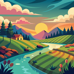 Serene Sunset Landscape. River. Farmland. and Mountains