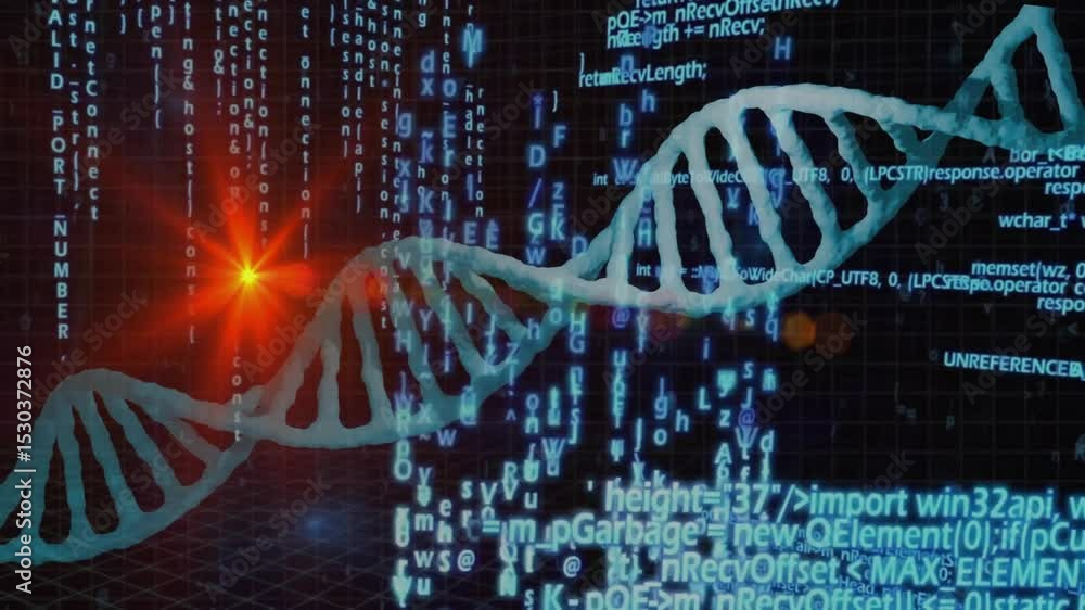 Poster on load stylized turquoise dna helix drifting right while code streams cascading showing sequencing