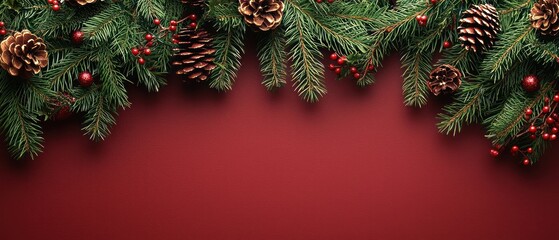 Festive evergreen boughs with pinecones and red berries arranged on a deep red background, creating a horizontal Christmas border