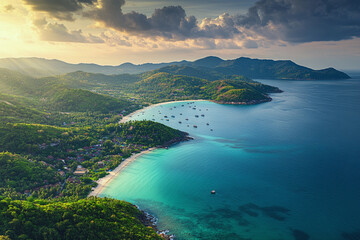 A stunning aerial view of Phuket, Thailand,  tropical beaches and lush green mountains. This  showcases the natural beauty of Phuket’s coastline, with clear blue skies, golden sun ,Ai image generated