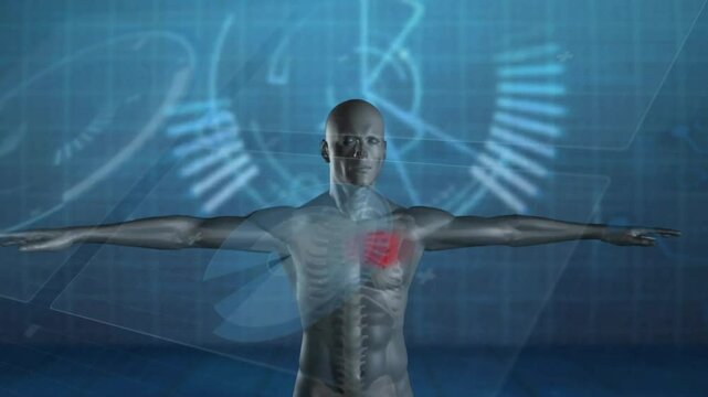 Soft red chest glow emerging on metallic figure, visualizing pulsing ECG and rotating health charts