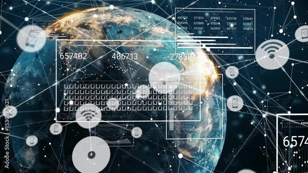 Poster rotation initiating 3d earth displaying data panels sliding updating data visualizing network