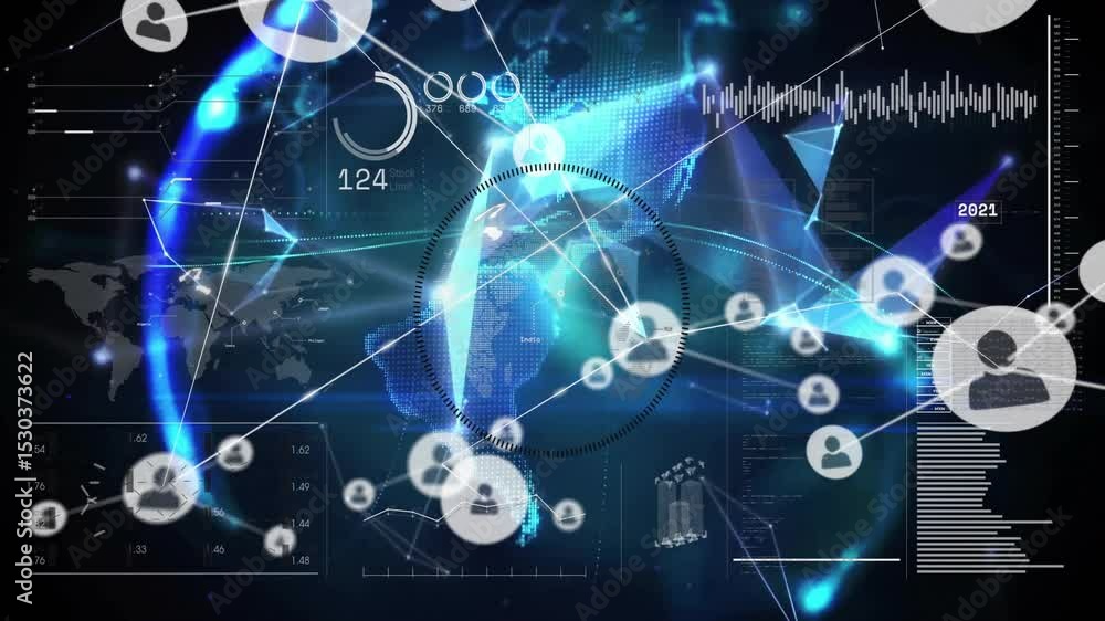 Poster node emerging on south america map initiating icons linking and timeline shifting into global mesh