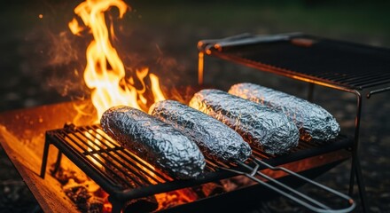 Foil-wrapped corn cooking on outdoor grill with open flame
