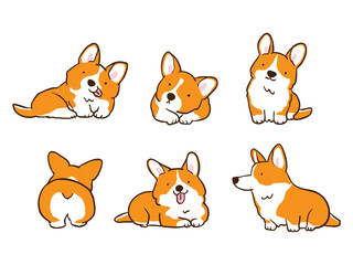 Vector Illustration of Cartoon Corgi Dog Characters on Isolated Background. Hand Drawn Vector Illustration. 