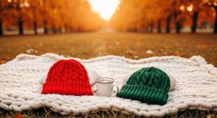 Cozy autumn picnic with red and green hats on blanket in sunlit park