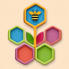 Bee on a Colorful Hexagonal Flower Illustration