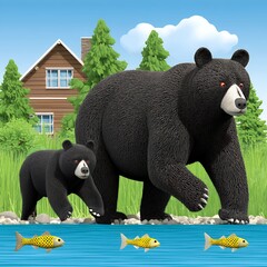 Black Bear and Cub by a River near a Rustic Cabin