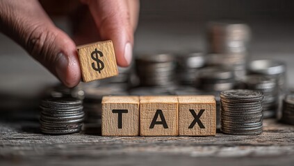 Hand building wooden blocks with icons of "TAX" and money, grey background. Concept for taxering or financial aboard life. copy space banner mockup stock photo contest winner.